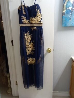 Navy and Gold Embroidered Maxi Dress
